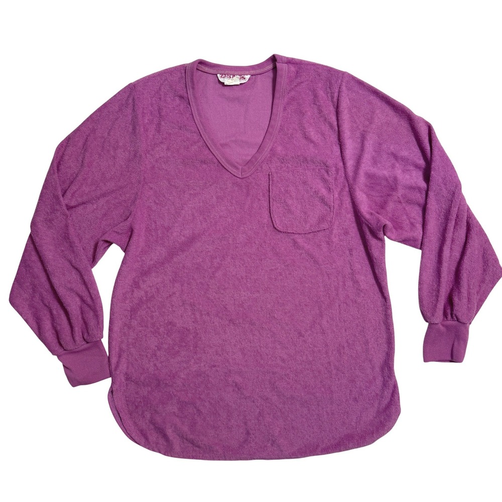 Eles Belles Top M Purple Vintage Terry Cloth V-Neck Long Sleeve Pocket Knit